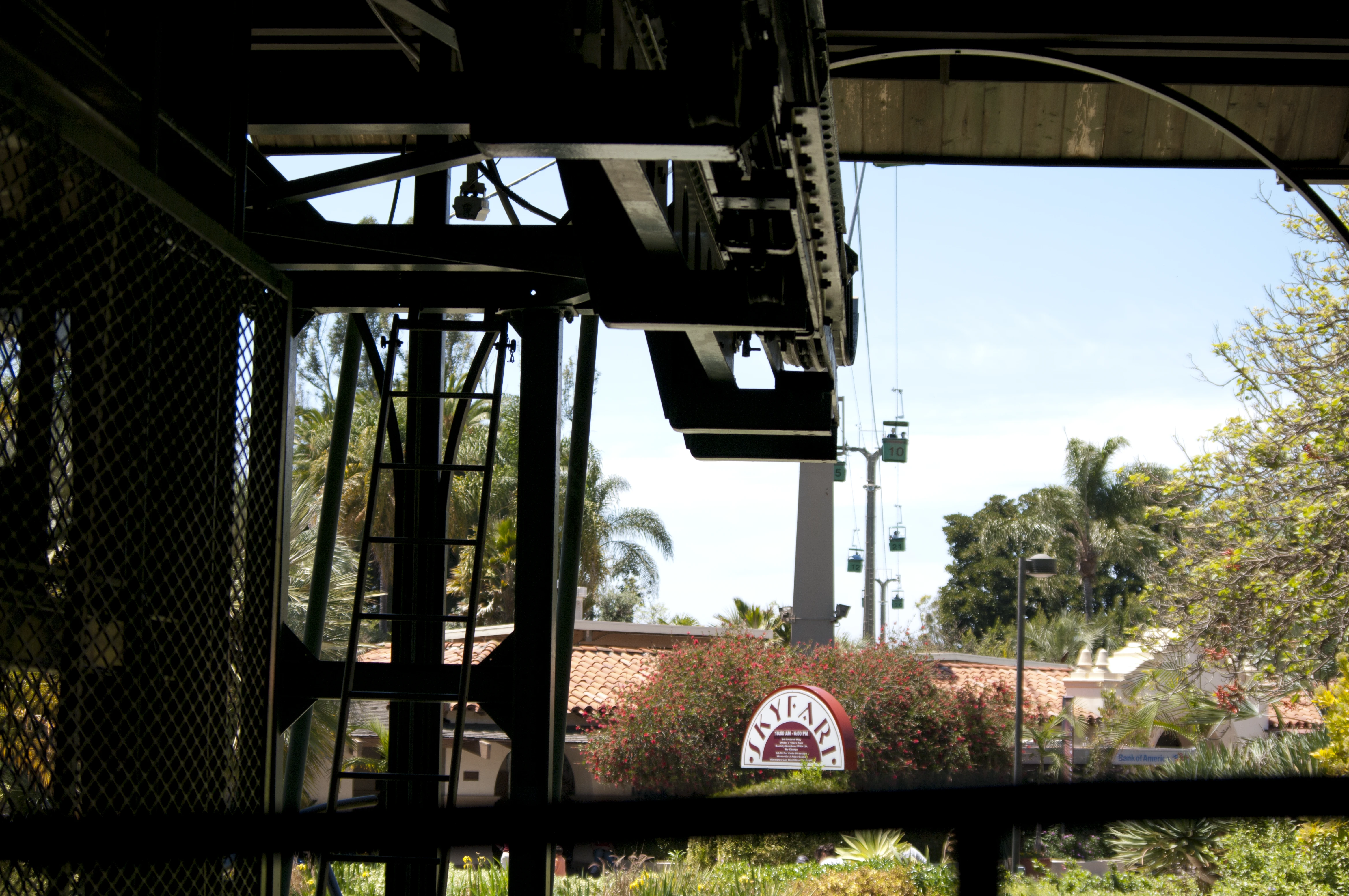 The Skyfari aerial tram station structure at the San Diego Zoo viewed from below, with gondola cables and distant tram cars visible against a blue sky, palm trees and a red-roofed building in the background